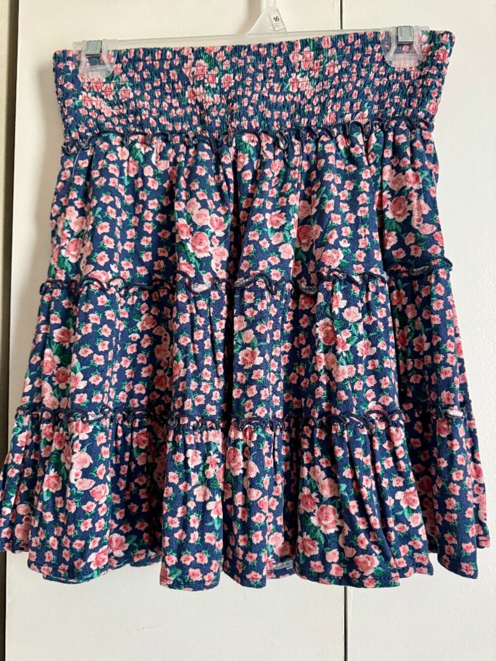 American Eagle Pink Floral Smocked Ruffle Blue Mini Skirt  Elastic Size Sm